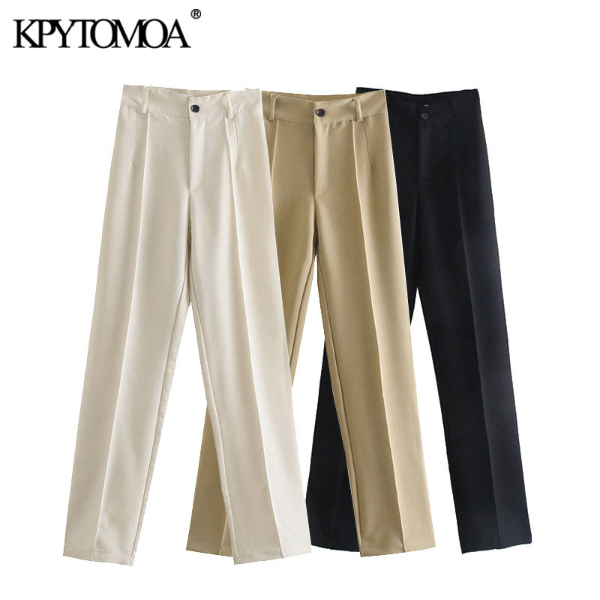 KPYTOMOA Women Chic Fashion Office Wear Solid Straight Pants Vintage High Waist Trousers &amp; Leggings