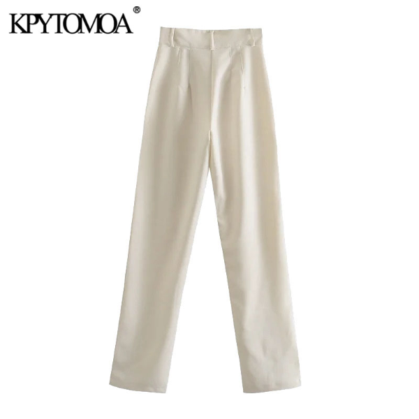 KPYTOMOA Women Chic Fashion Office Wear Solid Straight Pants Vintage High Waist Trousers &amp; Leggings