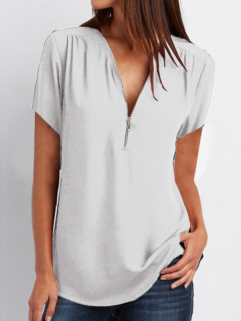 Blouse women 2020 Europe hot style v-neck zipper bigger sizes short sleeve loose Tops
