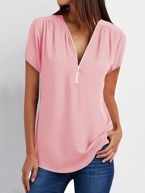 Blouse women 2020 Europe hot style v-neck zipper bigger sizes short sleeve loose Tops