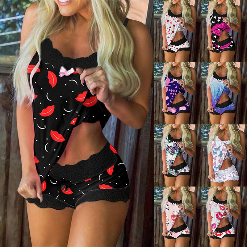 Sexy Spaghetti Strap Lace Pajama Set  Sleeveless Pyjamas Shorts Set Lace Pijama Sleepwear