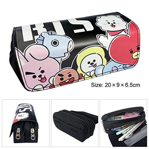 BTS Pencil Case Large Capacity Cosmetic Bag PU-Leather Double Zippers Pen Bag Office Stationary Bag