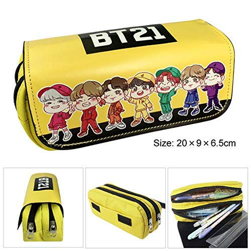 BTS Pencil Case Large Capacity Cosmetic Bag PU-Leather Double Zippers Pen Bag Office Stationary Bag