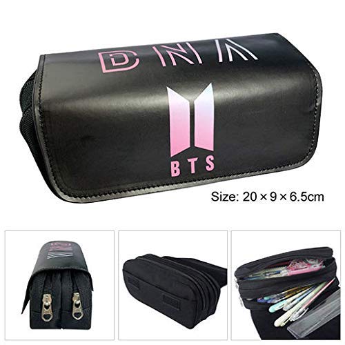 BTS Pencil Case Large Capacity Cosmetic Bag PU-Leather Double Zippers Pen Bag Office Stationary Bag