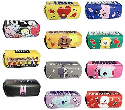 BTS Pencil Case Large Capacity Cosmetic Bag PU-Leather Double Zippers Pen Bag Office Stationary Bag