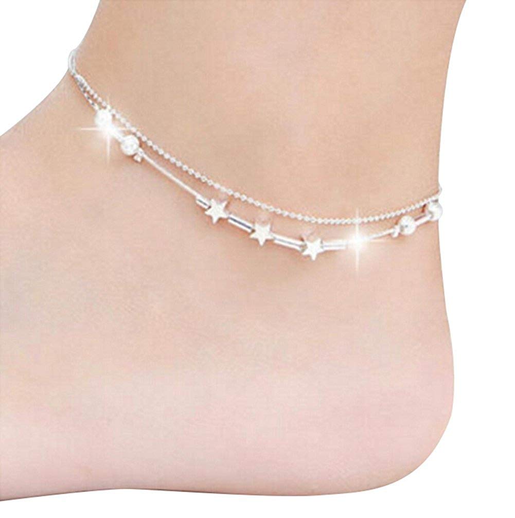Silver Ankle Bracelet Ladies Foot Jewelry Barefoot Beach Anklet Chain Five-pointed Star Pendants