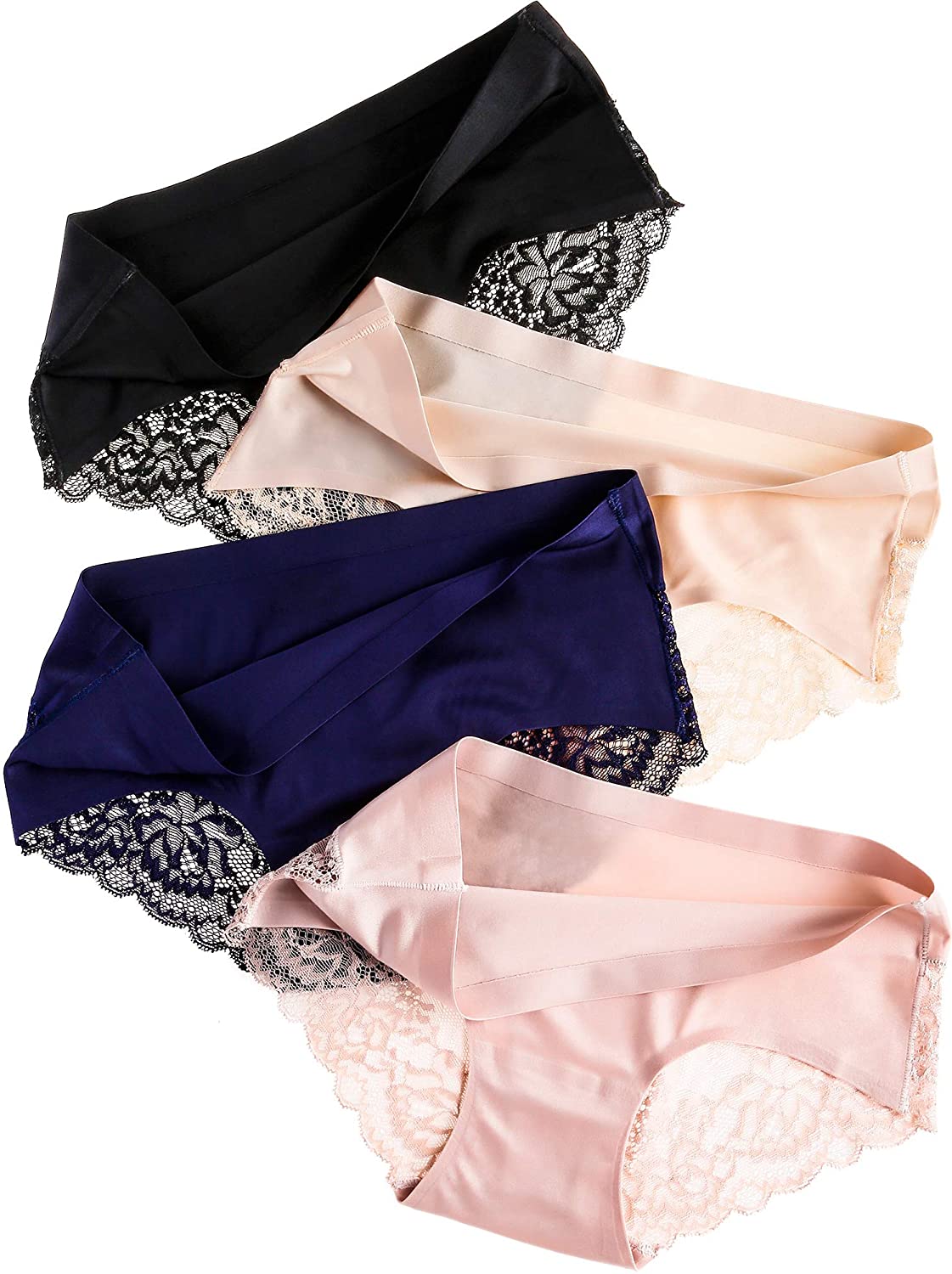4 Pieces Women's Seamless Ice Silk Sexy Lace Briefs Hipster Middle Waist Underwear