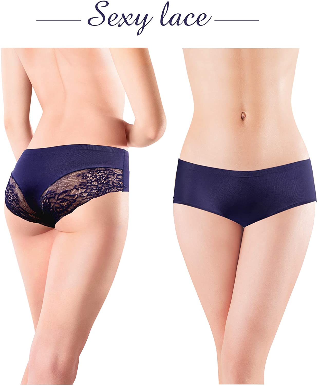 4 Pieces Women's Seamless Ice Silk Sexy Lace Briefs Hipster Middle Waist Underwear