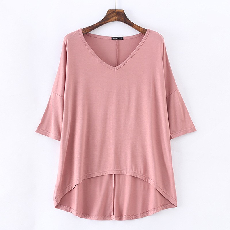 Spring summer new lady's bat t-shirt middle-sleeved casual V-neck solid color large size bottoming