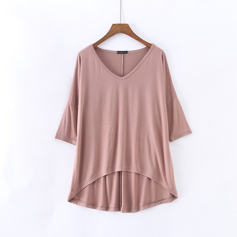 Spring summer new lady's bat t-shirt middle-sleeved casual V-neck solid color large size bottoming