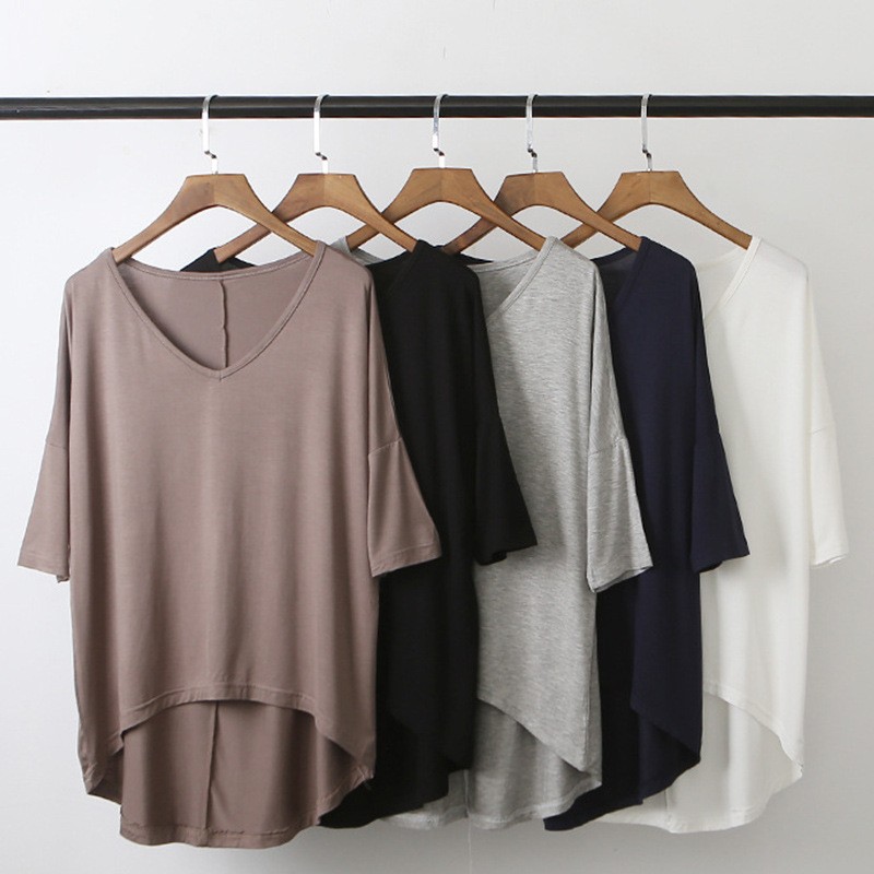 Spring summer new lady's bat t-shirt middle-sleeved casual V-neck solid color large size bottoming