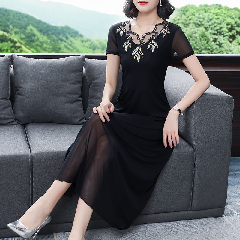 New style short-sleeved mesh skirt dress lace slim slimming plus size dress