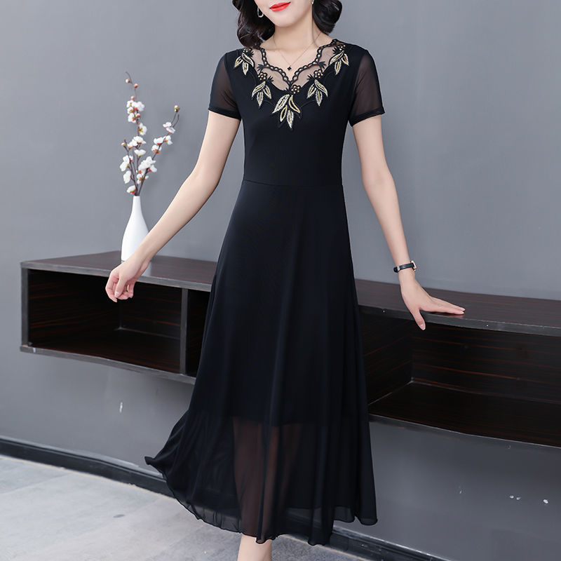 New style short-sleeved mesh skirt dress lace slim slimming plus size dress
