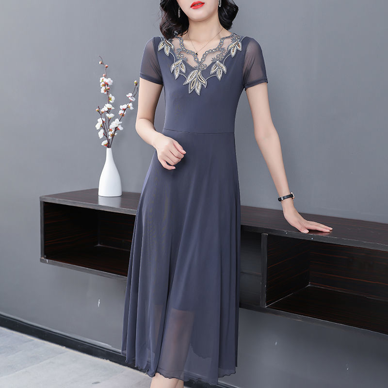 New style short-sleeved mesh skirt dress lace slim slimming plus size dress
