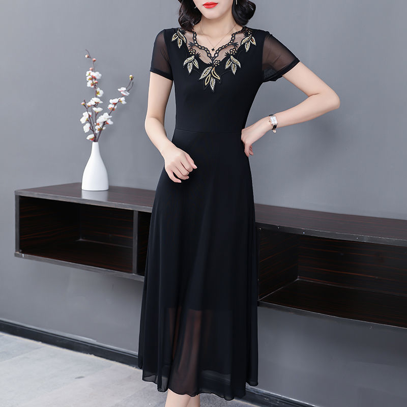 New style short-sleeved mesh skirt dress lace slim slimming plus size dress