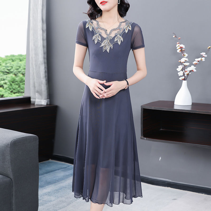 New style short-sleeved mesh skirt dress lace slim slimming plus size dress
