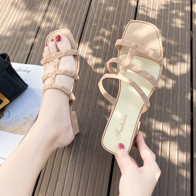 Female thick heel slippers female Summer Dew toe fish mouth student one word slippers