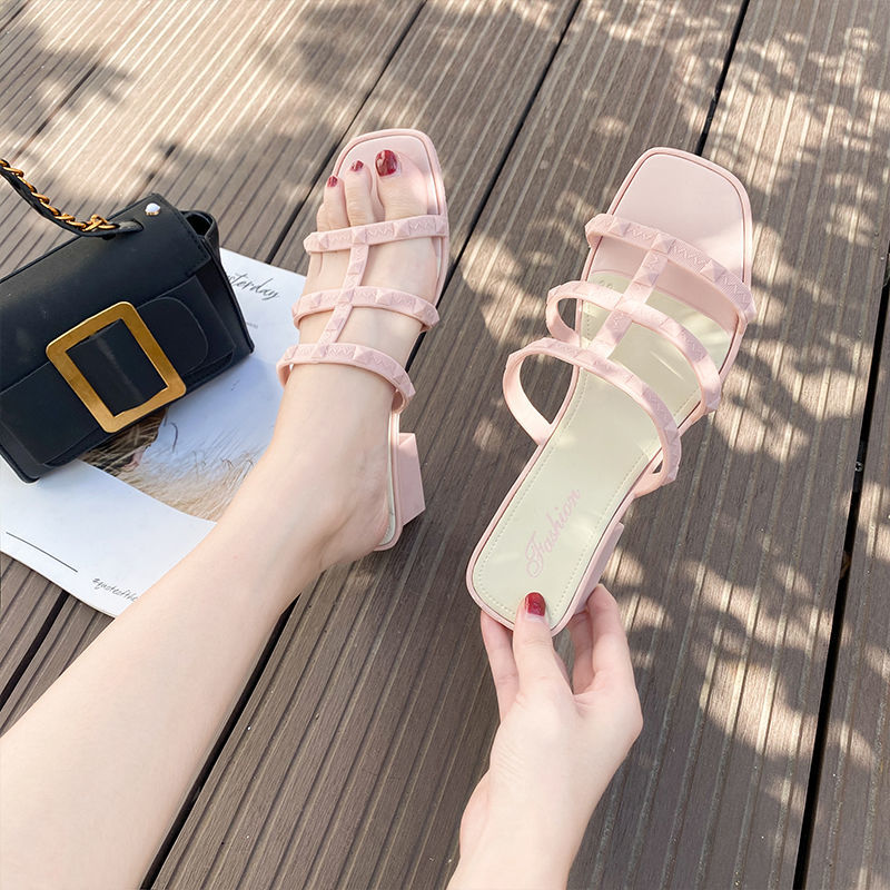Female thick heel slippers female Summer Dew toe fish mouth student one word slippers