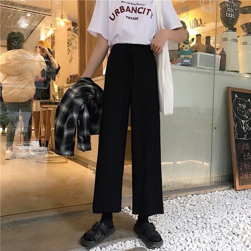Spring and summer cropped trousers for female students loose and breathable sports wide-leg pants