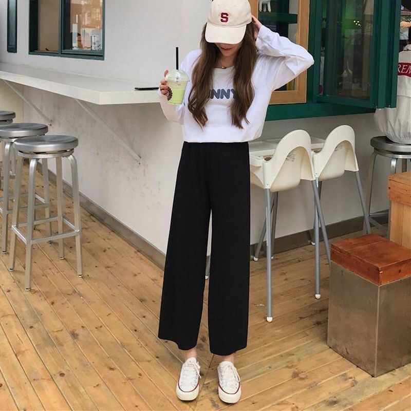 Spring and summer cropped trousers for female students loose and breathable sports wide-leg pants