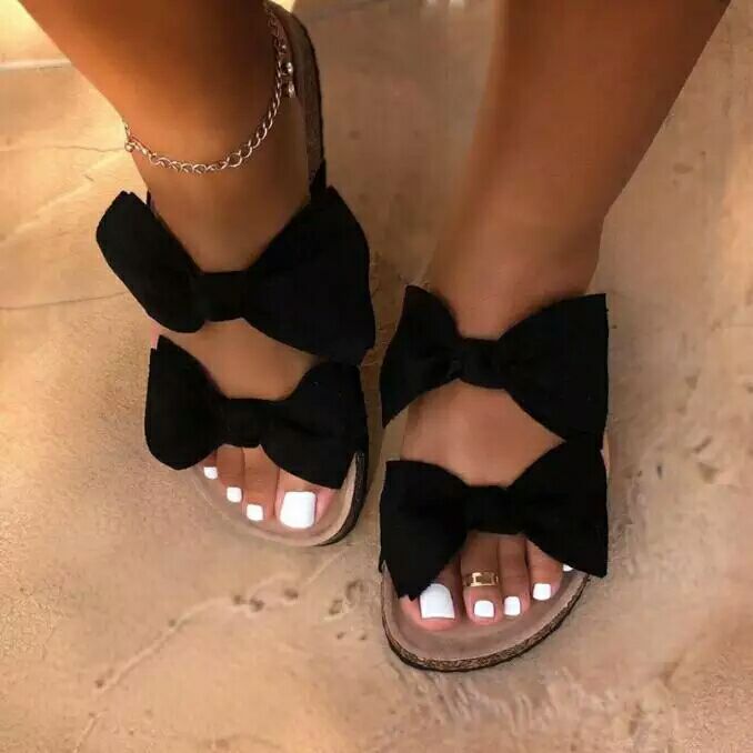 Fashion Online 2020 Black Women's Sandals Lady's Shoes Bow Flat Bottom Girl's sandals