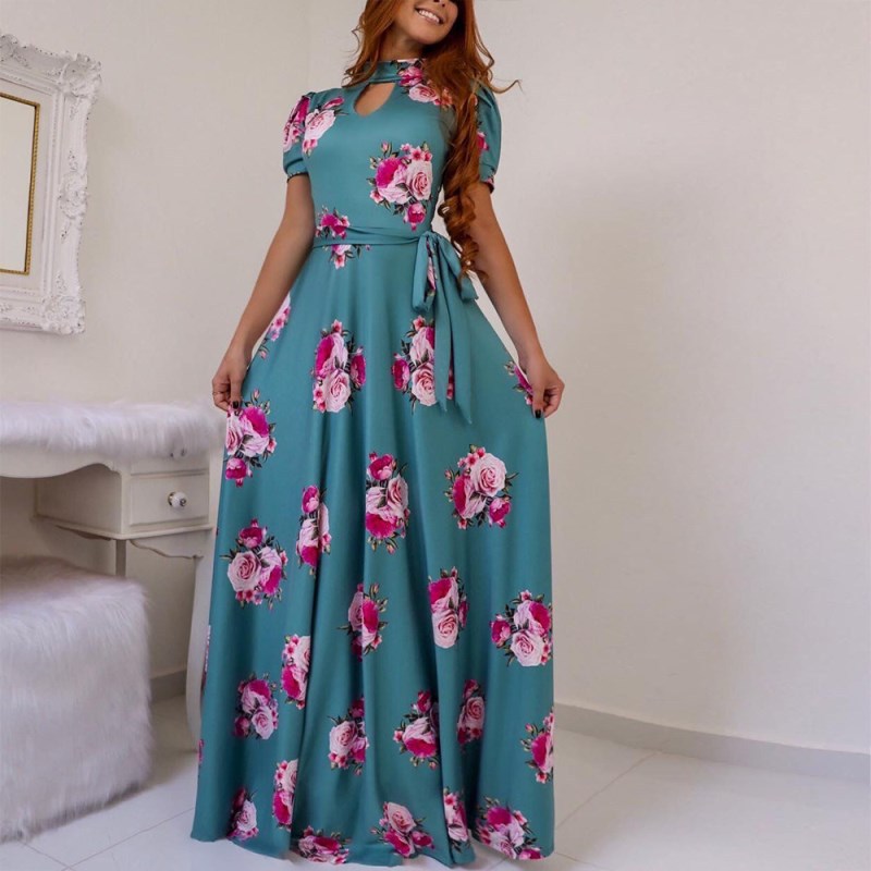 Sexy fashion digital printing European and American fashion swing skirt dress