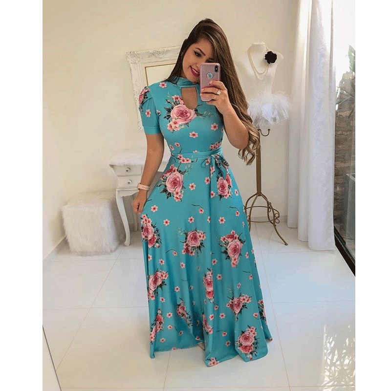 Sexy fashion digital printing European and American fashion swing skirt dress
