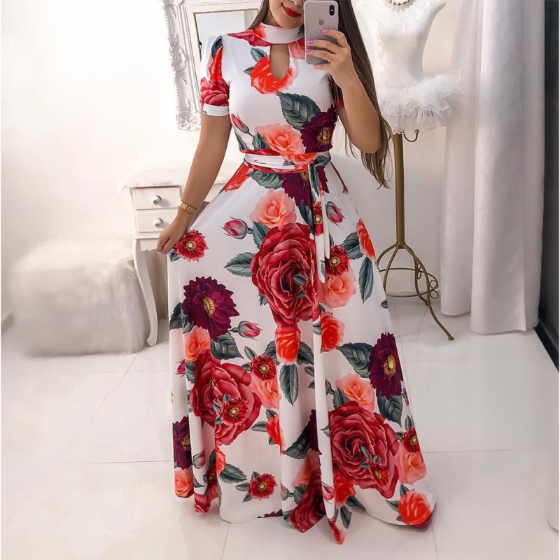 Sexy fashion digital printing European and American fashion swing skirt dress