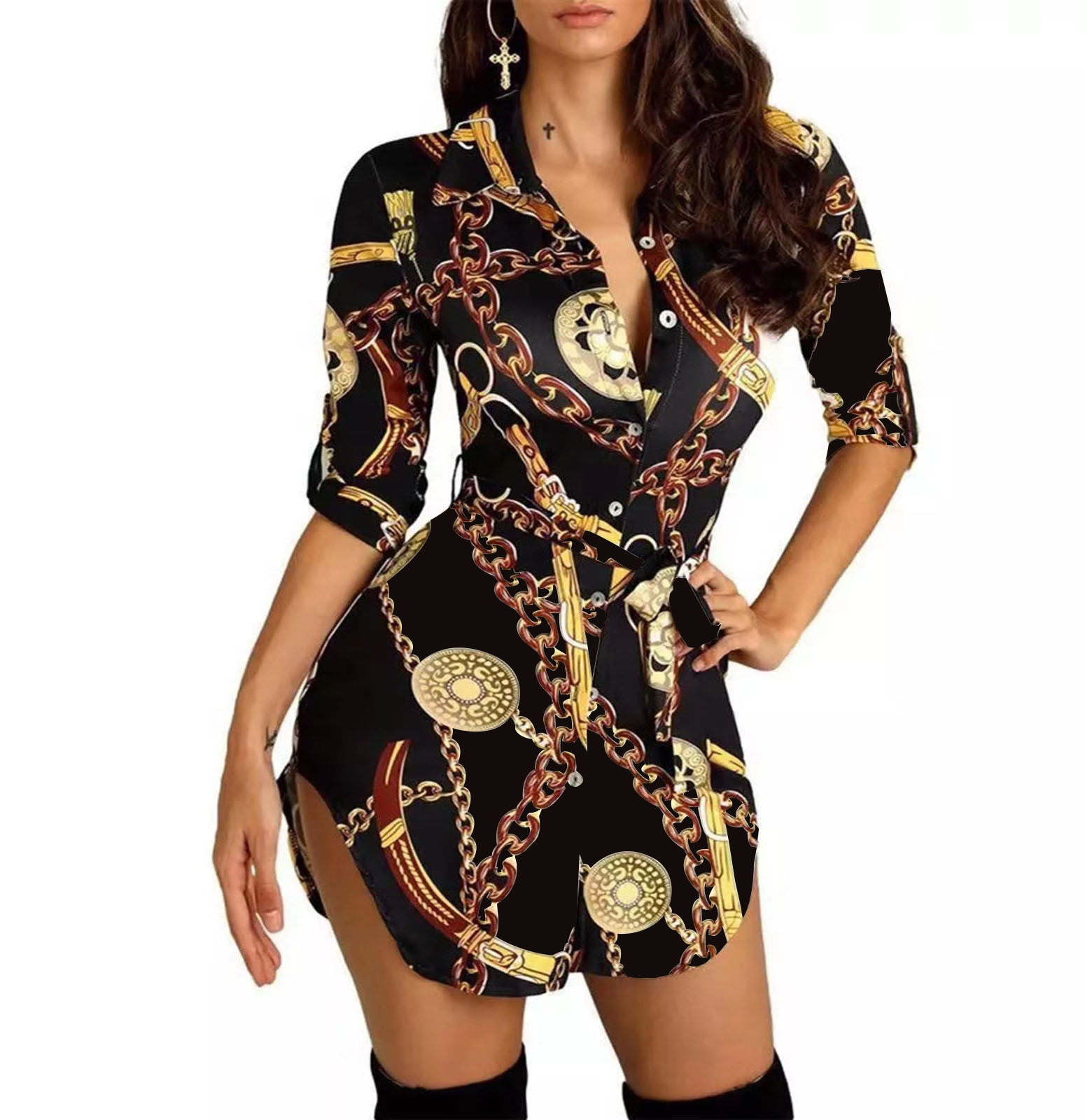 Butterfly skirt 2021 new autumn and winter fashion sexy gold chain skirt print dress