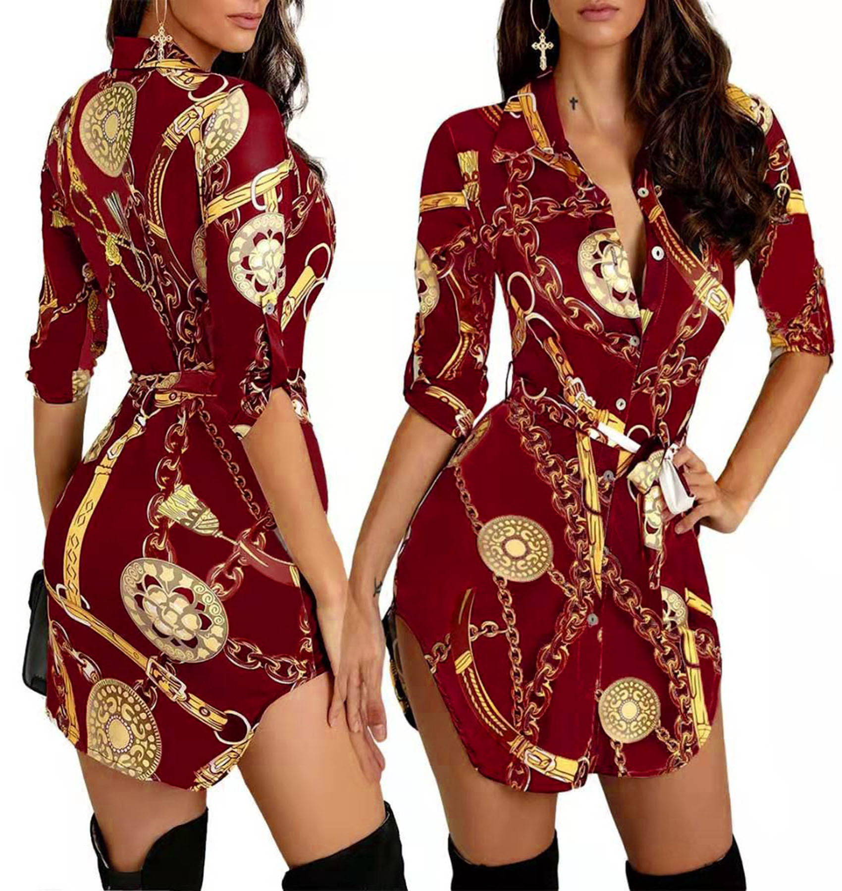 Butterfly skirt 2021 new autumn and winter fashion sexy gold chain skirt print dress