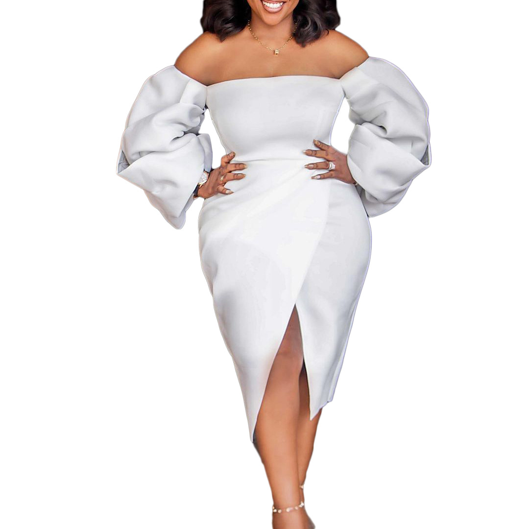 Summer new women's Off Shoulder Evening Dress European and American dress white banquet dress
