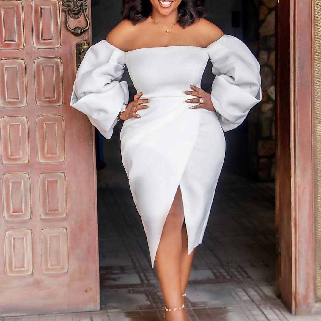 Summer new women's Off Shoulder Evening Dress European and American dress white banquet dress