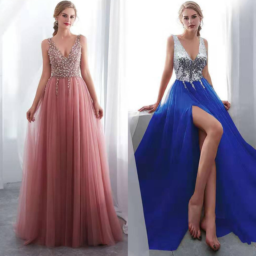2021 Europe and America wishebayshop pink embroidery bead piece sexy deep V long dress evening dress