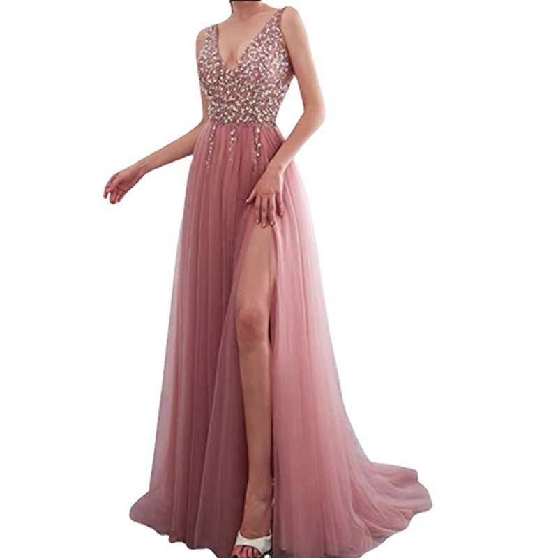 2021 Europe and America wishebayshop pink embroidery bead piece sexy deep V long dress evening dress