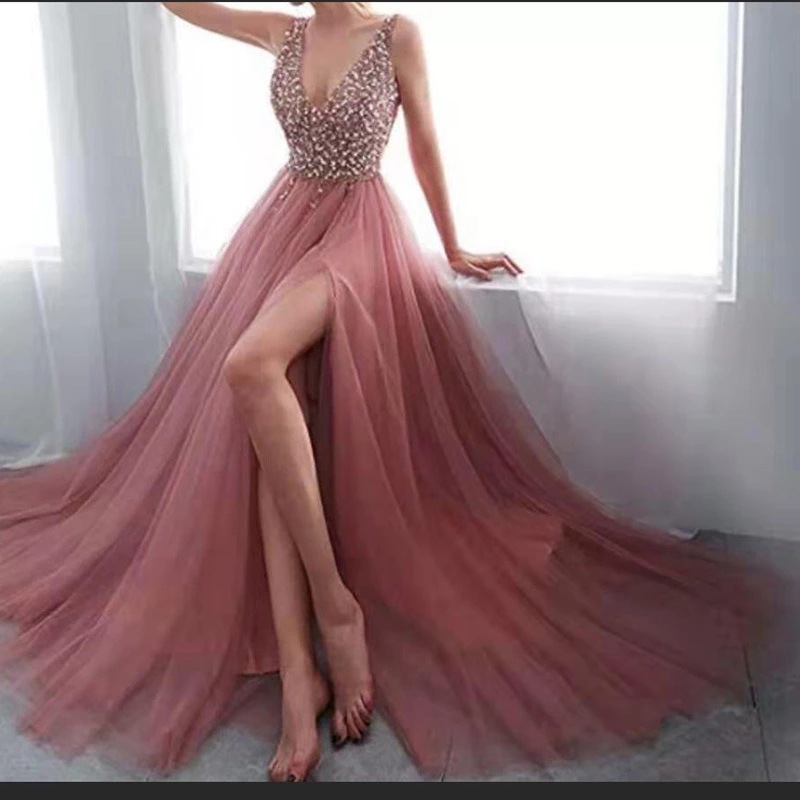 2021 Europe and America wishebayshop pink embroidery bead piece sexy deep V long dress evening dress