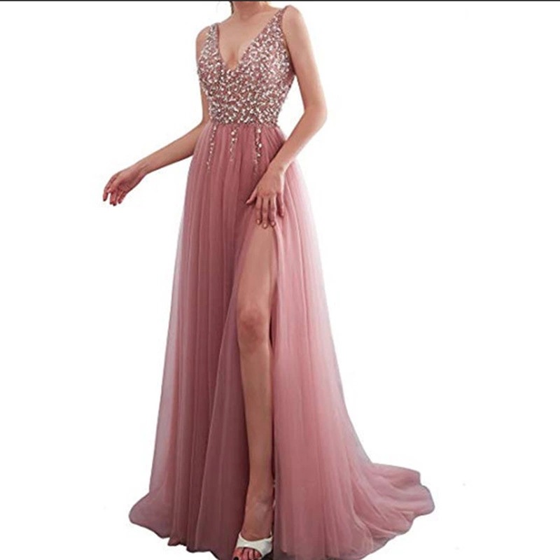 2021 Europe and America wishebayshop pink embroidery bead piece sexy deep V long dress evening dress