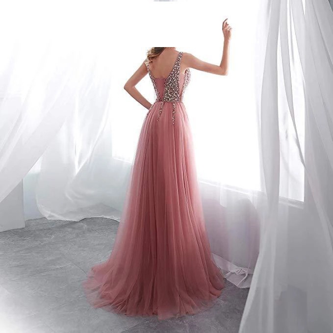 2021 Europe and America wishebayshop pink embroidery bead piece sexy deep V long dress evening dress