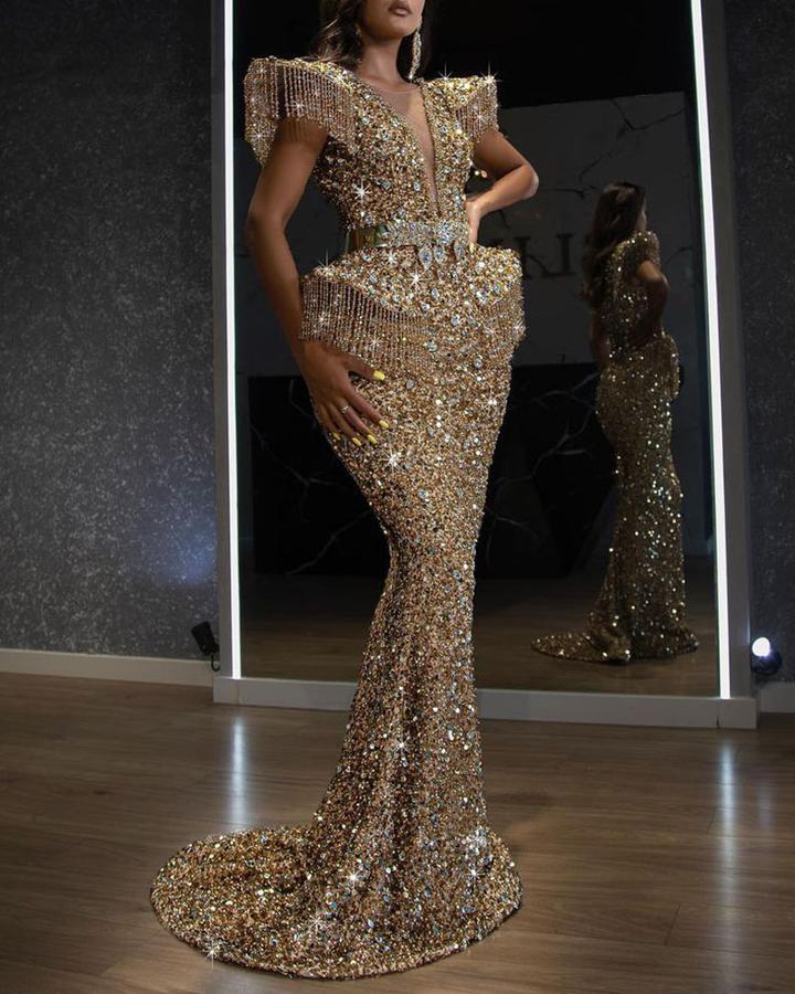 2021 Autumn and winter women's Sexy Sequin tassel Tuxedo Dress hip skirt