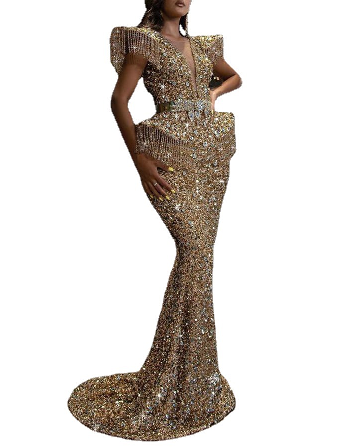 2021 Autumn and winter women's Sexy Sequin tassel Tuxedo Dress hip skirt