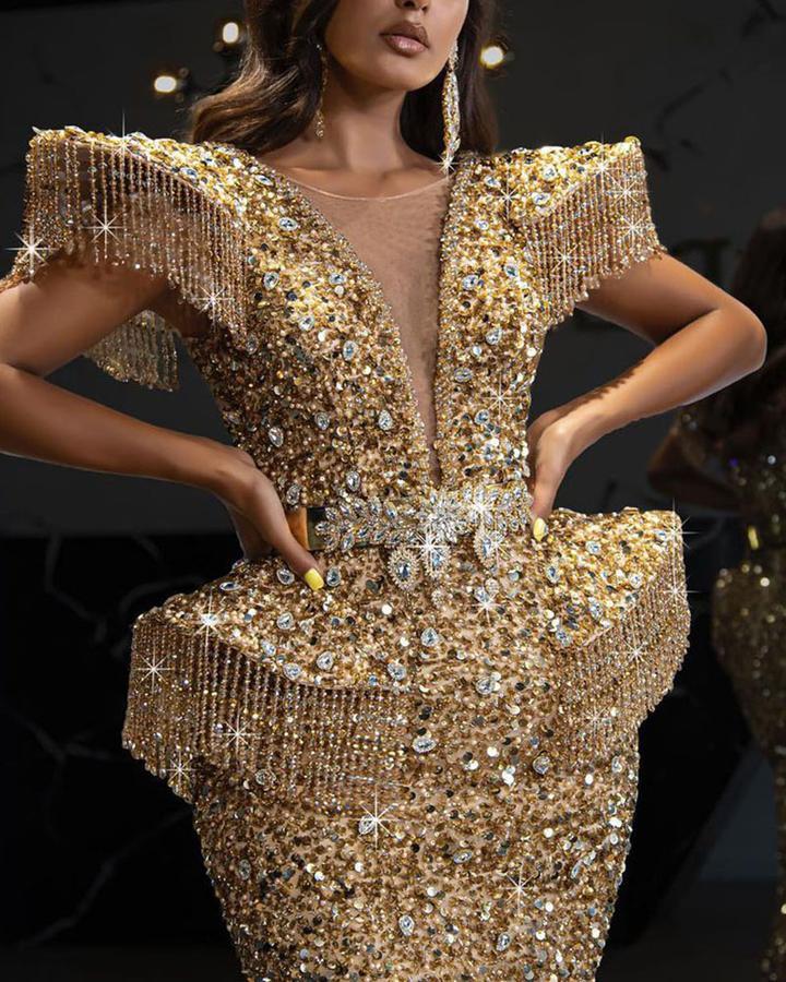 2021 Autumn and winter women's Sexy Sequin tassel Tuxedo Dress hip skirt
