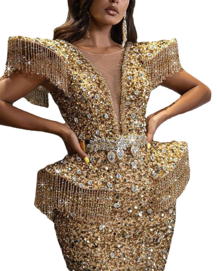 2021 Autumn and winter women's Sexy Sequin tassel Tuxedo Dress hip skirt