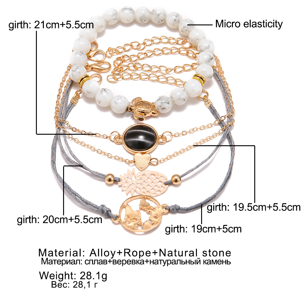 10 Set New pineapple peach heart little turtle fashion European and American style five piece Bracelet Set