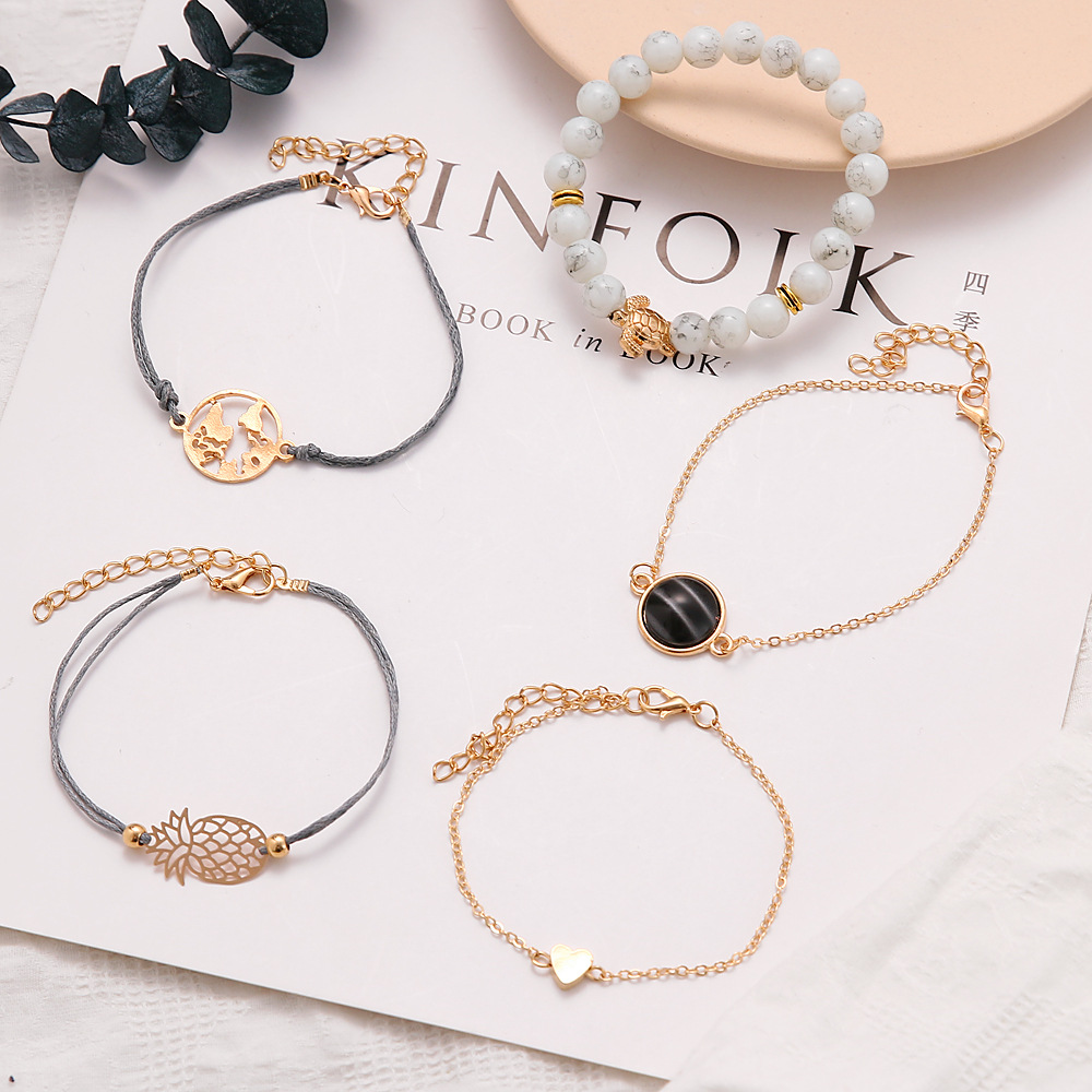 10 Set New pineapple peach heart little turtle fashion European and American style five piece Bracelet Set