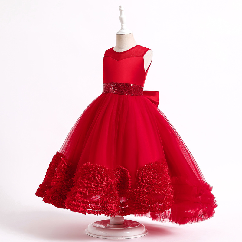 New girls' dress Princess Dress sleeveless trailing mesh flower fluffy dress long dress piano show dress