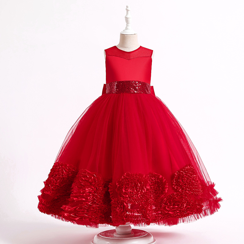 New girls' dress Princess Dress sleeveless trailing mesh flower fluffy dress long dress piano show dress