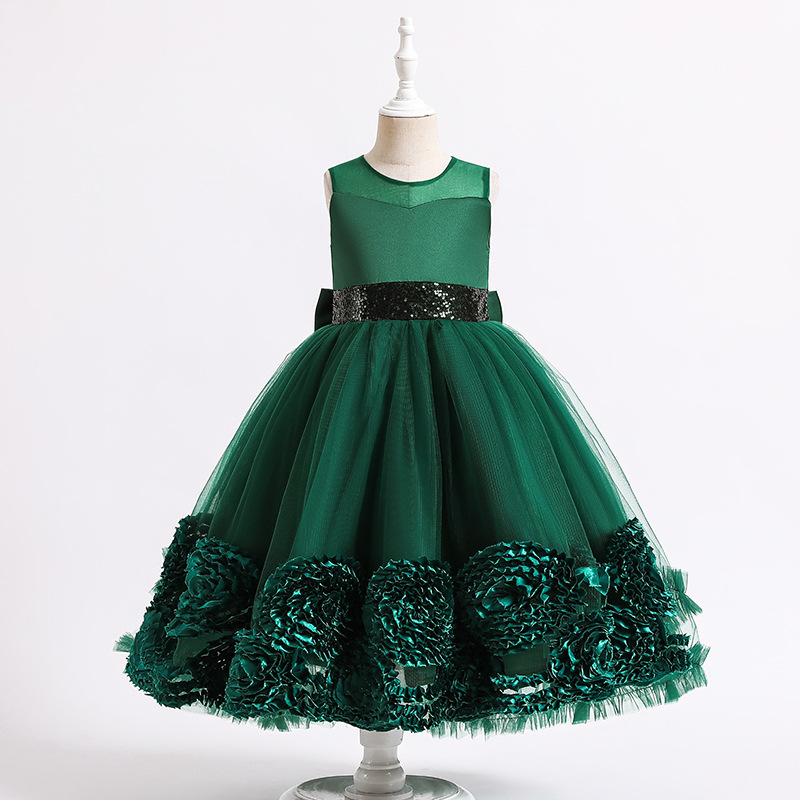 New girls' dress Princess Dress sleeveless trailing mesh flower fluffy dress long dress piano show dress