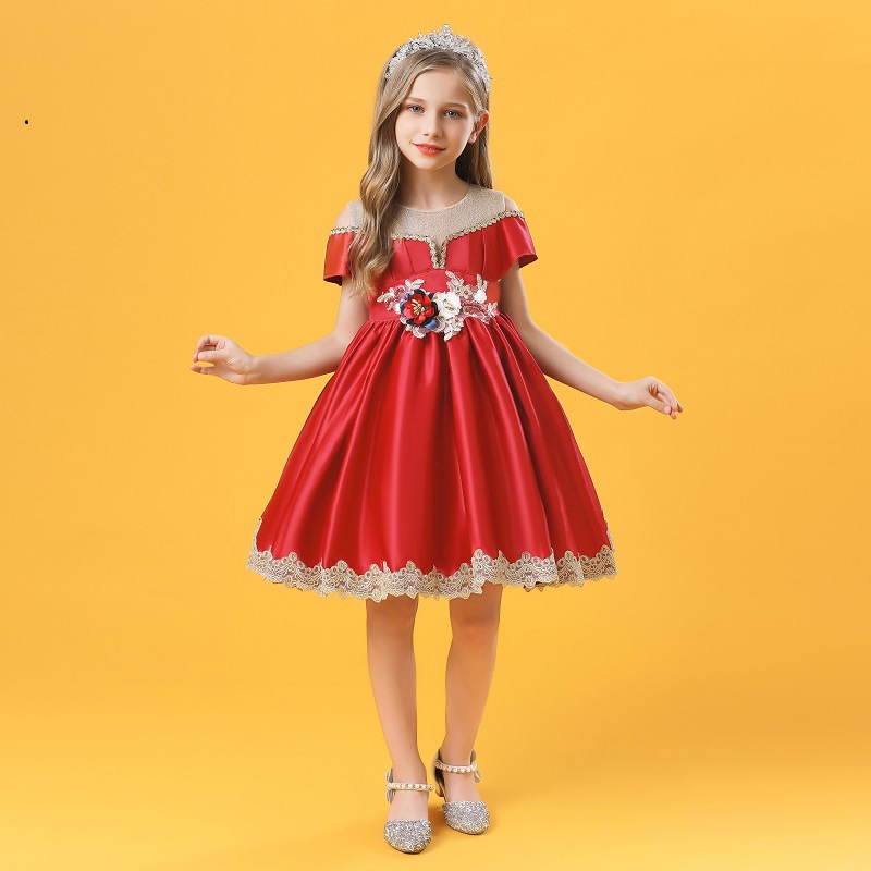 New off shoulder girl princess skirt embroidered medium waist puffy skirt host performance Dress Satin fabric skirt
