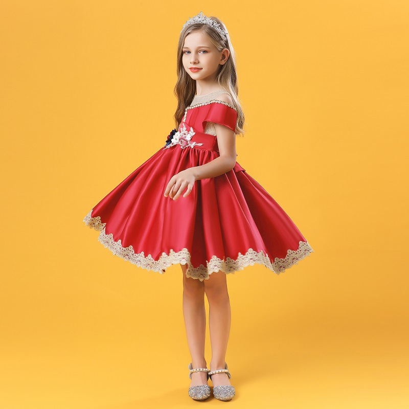 New off shoulder girl princess skirt embroidered medium waist puffy skirt host performance Dress Satin fabric skirt