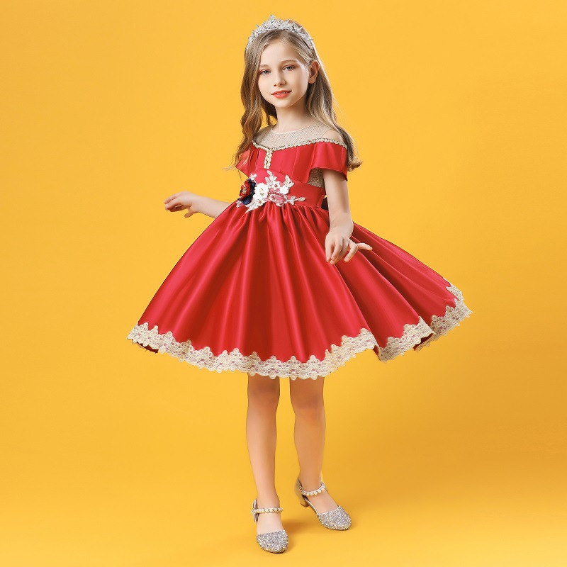 New off shoulder girl princess skirt embroidered medium waist puffy skirt host performance Dress Satin fabric skirt