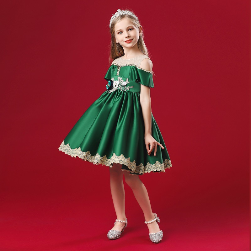 New off shoulder girl princess skirt embroidered medium waist puffy skirt host performance Dress Satin fabric skirt